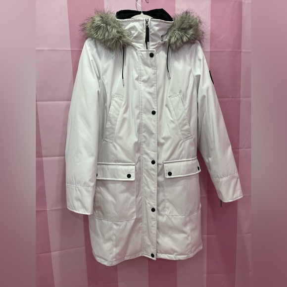 Calvin Klein Performance White Puffer Parka Jacket with Removable Faux Fur Hood - Picture 1 of 6
